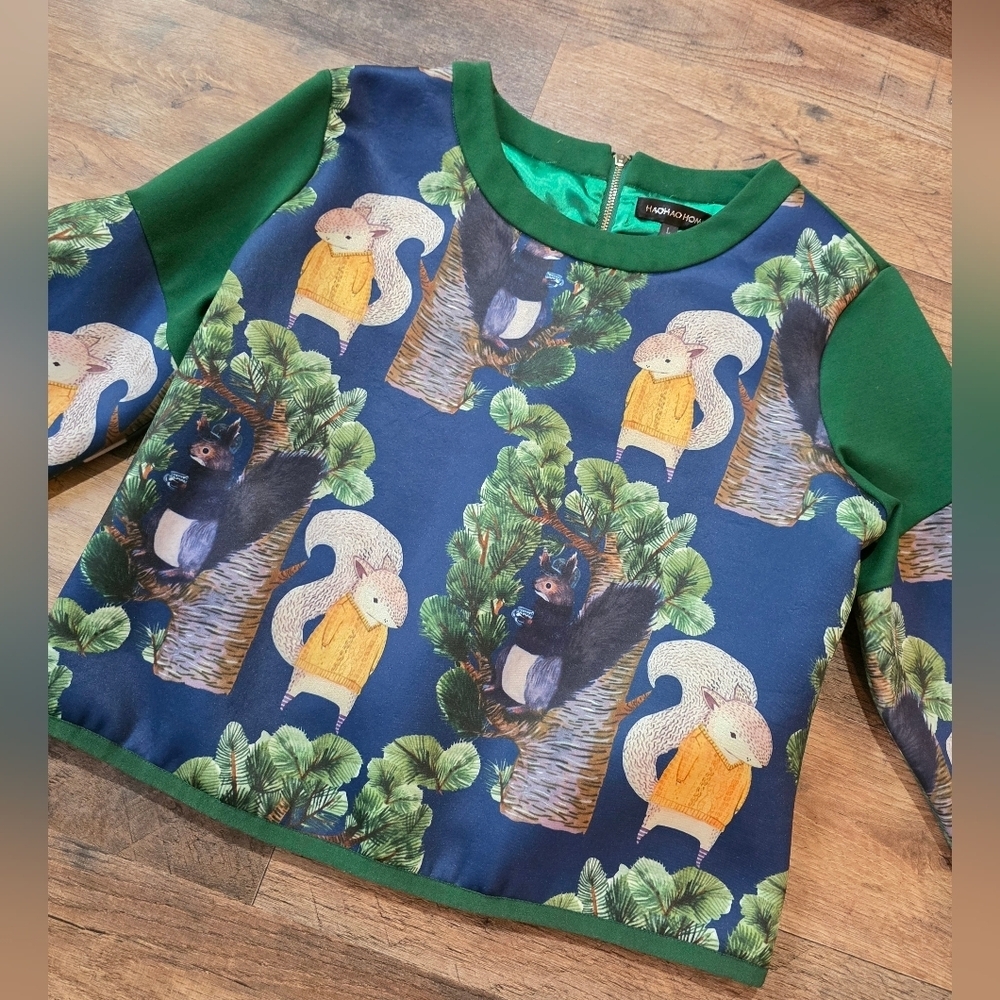 Hao Hao Home Womens Squirrel Quirky Green Forest Long Sleeve Zip Back Blouse L - Picture 2 of 6